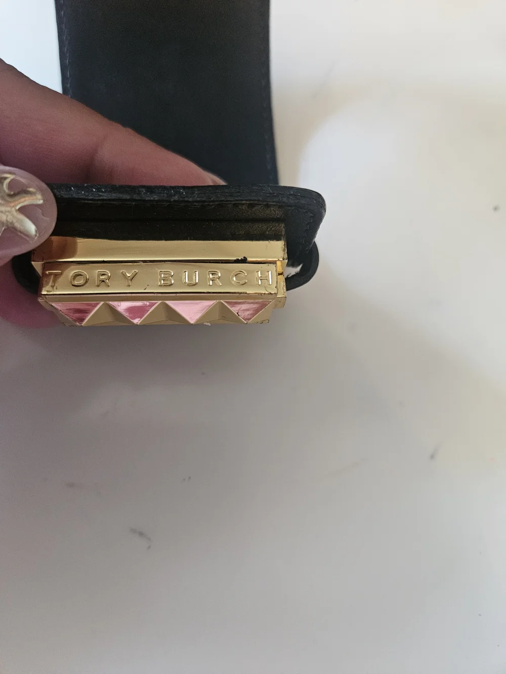 Tory Burch Black Leather Bracelet with Gold Logo Plate